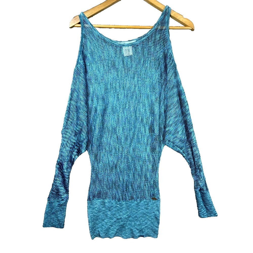 Marciano Sweater Womens Small Blue Stretch Cold Shoulder Casual Open‎ Knit Cozy